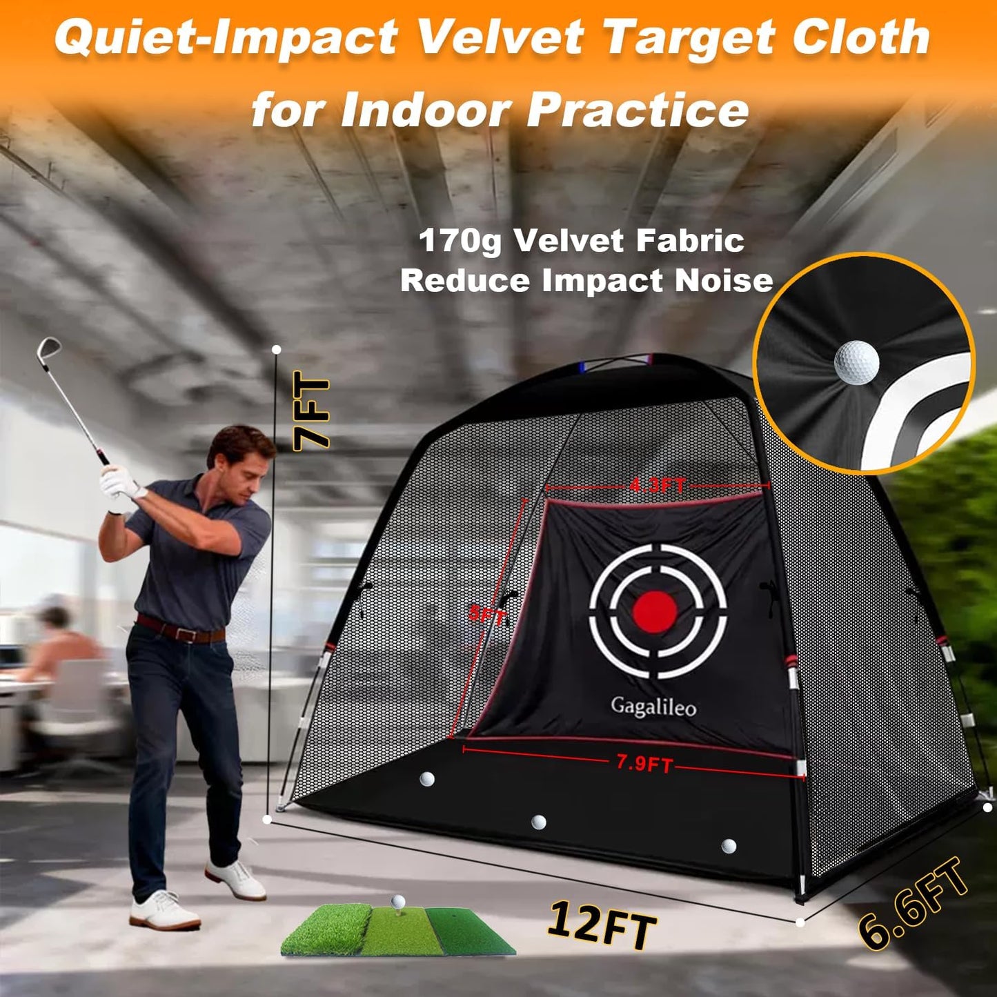 Golf Hitting Net Backyard Driving: 12X7Ft Professional Backstop with Silent Velvet Target Portable Practice for Men Dad Complete Sport Set Gift