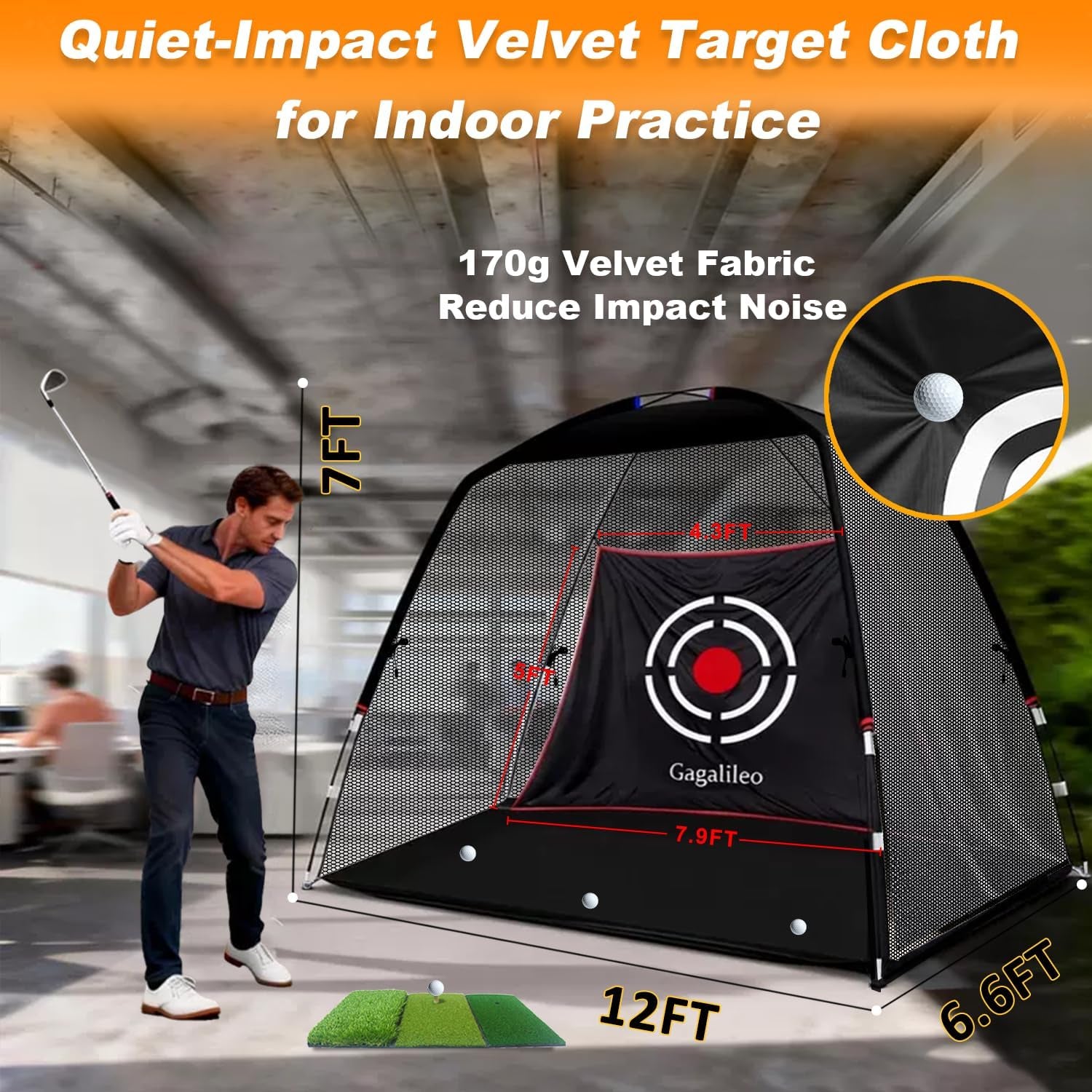 Golf Hitting Net Backyard Driving: 12X7Ft Professional Backstop with Silent Velvet Target Portable Practice for Men Dad Complete Sport Set Gift