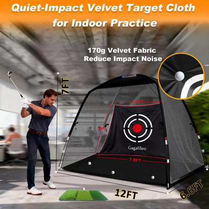 Golf Hitting Net Backyard Driving: 12X7Ft Professional Backstop with Silent Velvet Target Portable Practice for Men Dad Complete Sport Set Gift