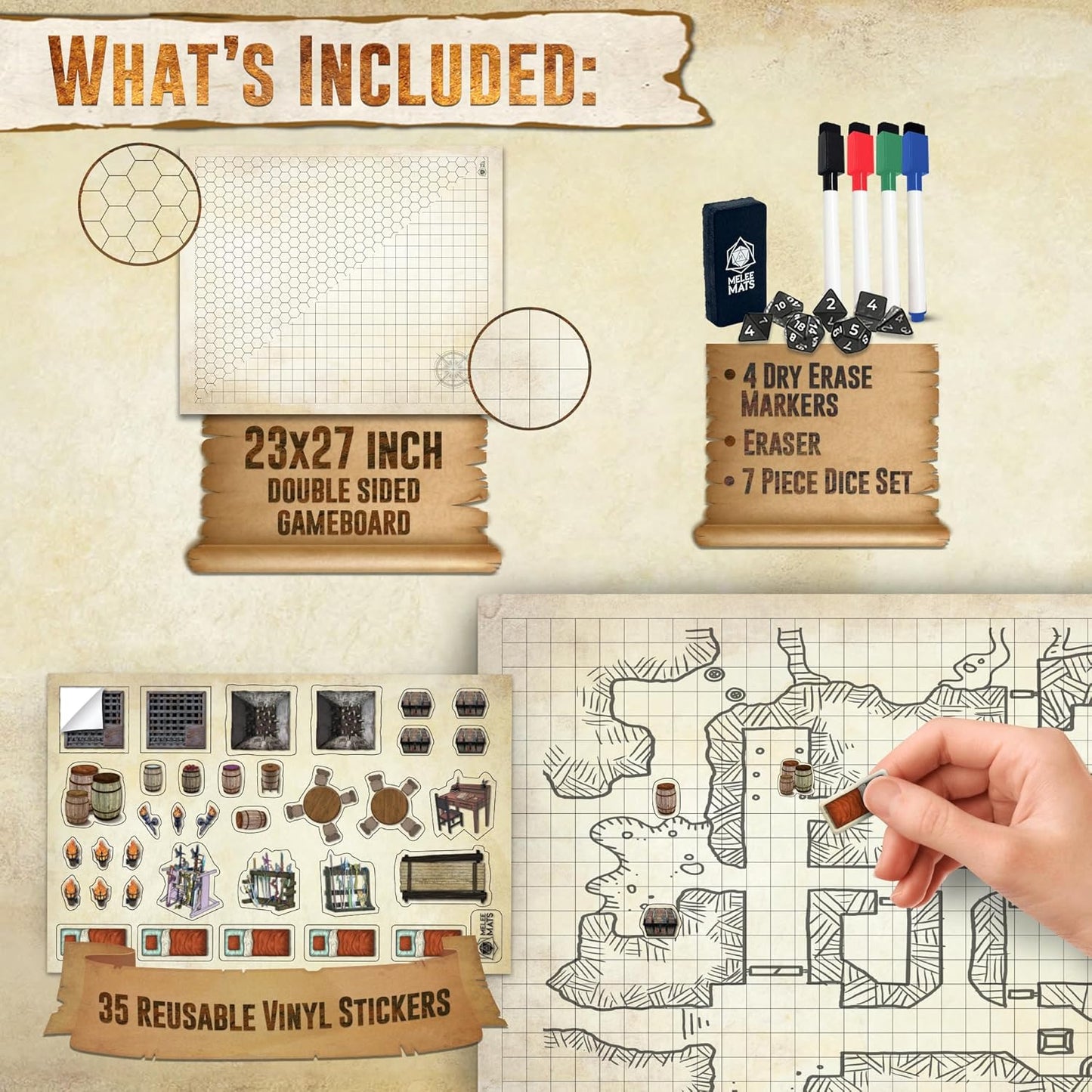 Battle Game Mat for DND - Tabletop Board Game Map for Dungeons and Dragons - Perfect Set for Starters and Masters - Accessories for Pathfinder, Wargaming, 40K, Warhammer - 23X27