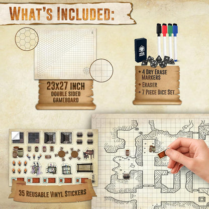 Battle Game Mat for DND - Tabletop Board Game Map for Dungeons and Dragons - Perfect Set for Starters and Masters - Accessories for Pathfinder, Wargaming, 40K, Warhammer - 23X27