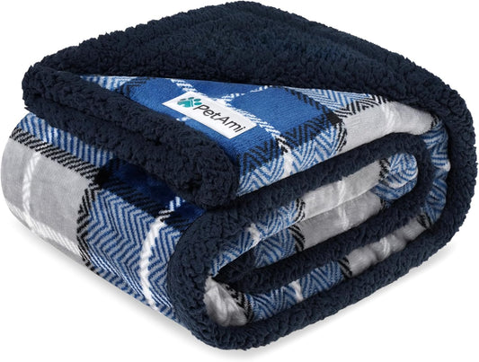 Waterproof Dog Blanket for Small Medium Dog, Pet Puppy Blanket Couch Cover Protection, Sherpa Fleece Cat Blanket Couch Sofa Bed Furniture Protector Reversible Soft Washable 29X40 Plaid Navy