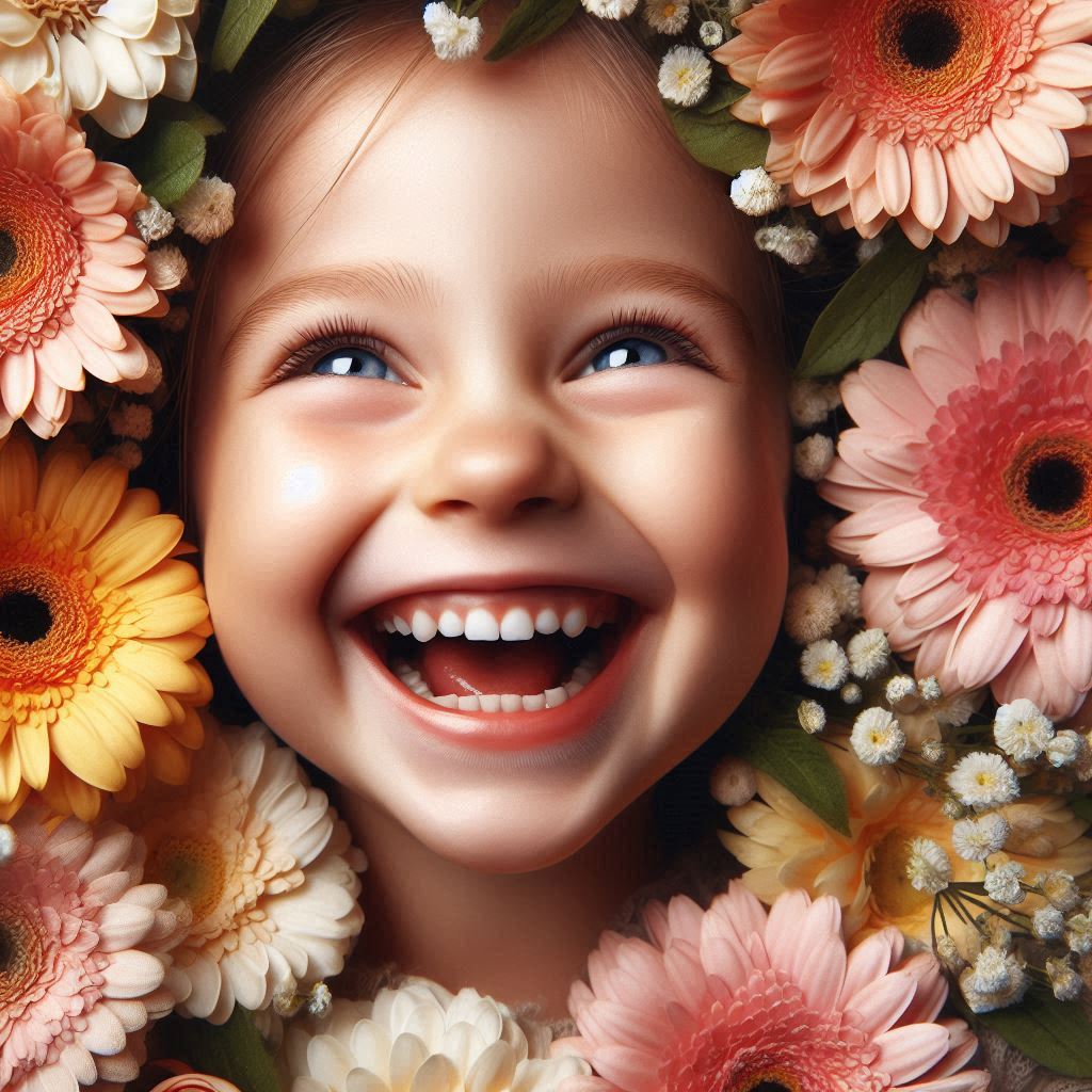 A close-up of a child’s laughing face surrounded by flowers